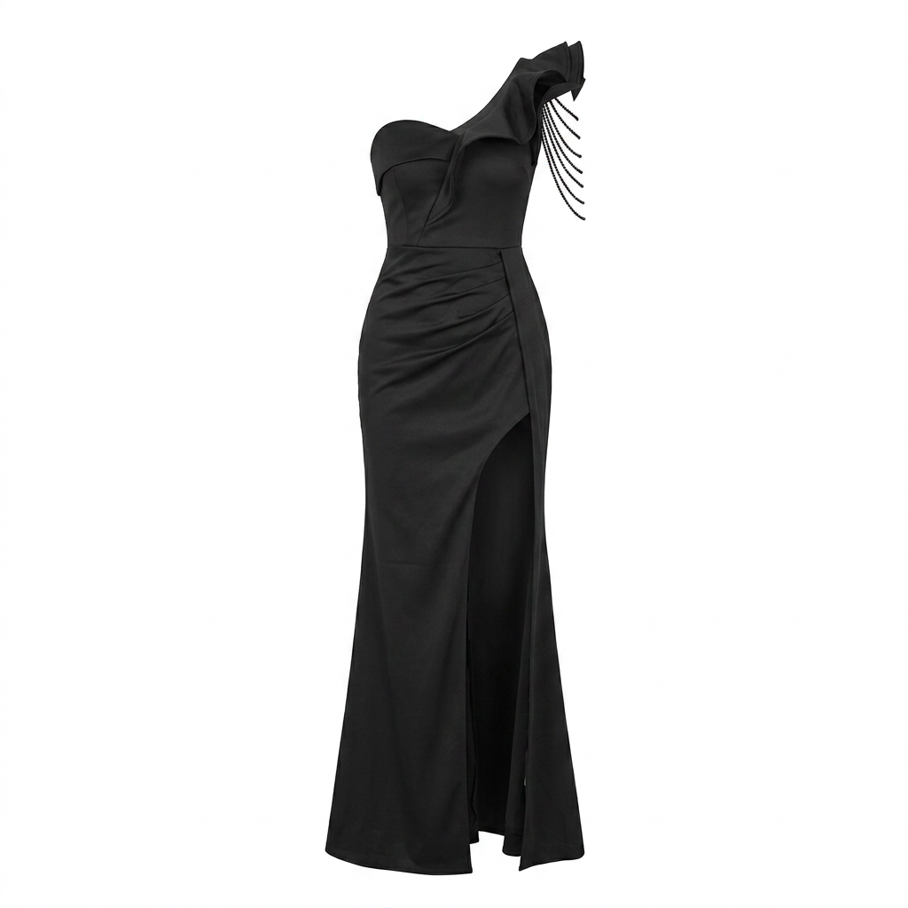 One-Shoulder Evening Gown with Beaded Shoulder Detail &amp; High Slit-Vyana Collective