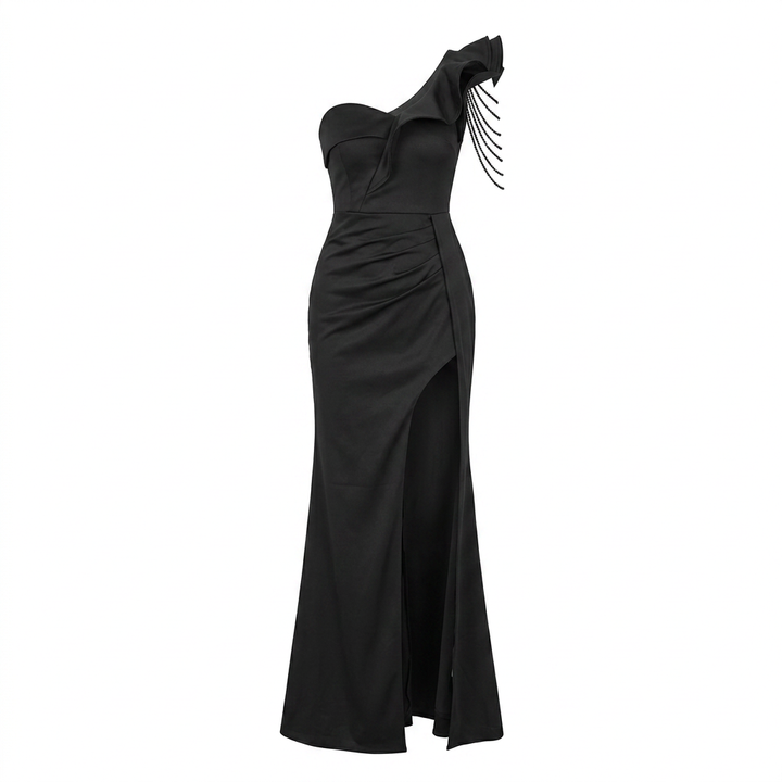 One-Shoulder Evening Gown with Beaded Shoulder Detail &amp; High Slit-Vyana Collective