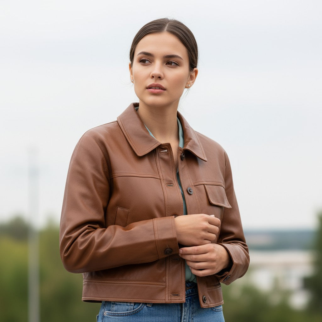 PU Leather Lapel Short Jacket-Vyana Collective