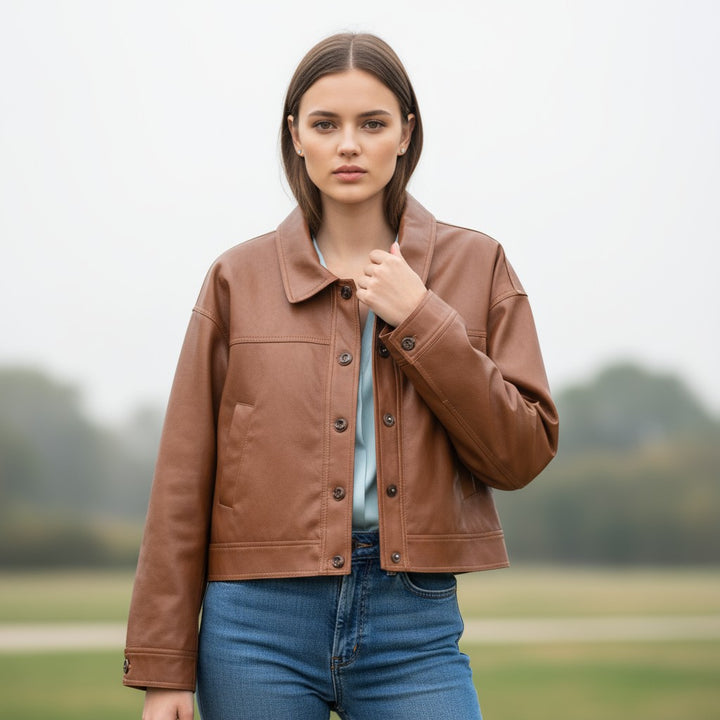 PU Leather Lapel Short Jacket-Vyana Collective