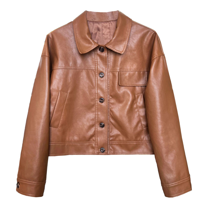 PU Leather Lapel Short Jacket-Vyana Collective