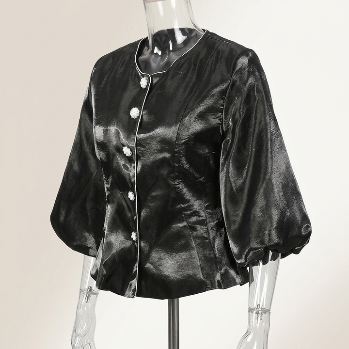 Pearl Button Lantern Sleeve Satin Blouse-Vyana Collective