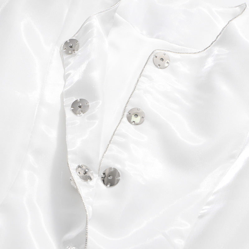 Pearl Button Lantern Sleeve Satin Blouse-Vyana Collective