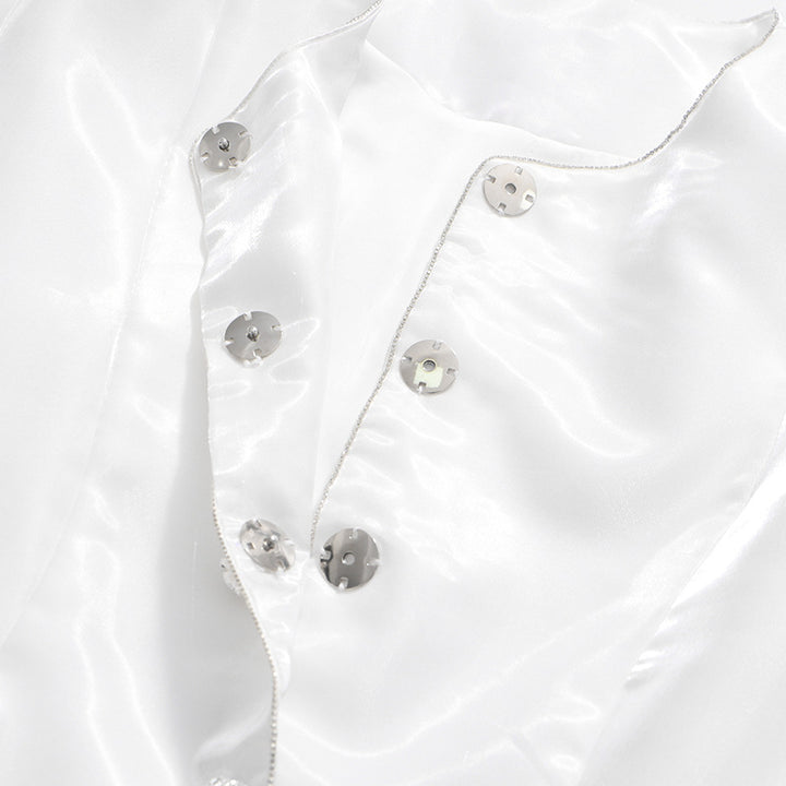 Pearl Button Lantern Sleeve Satin Blouse-Vyana Collective