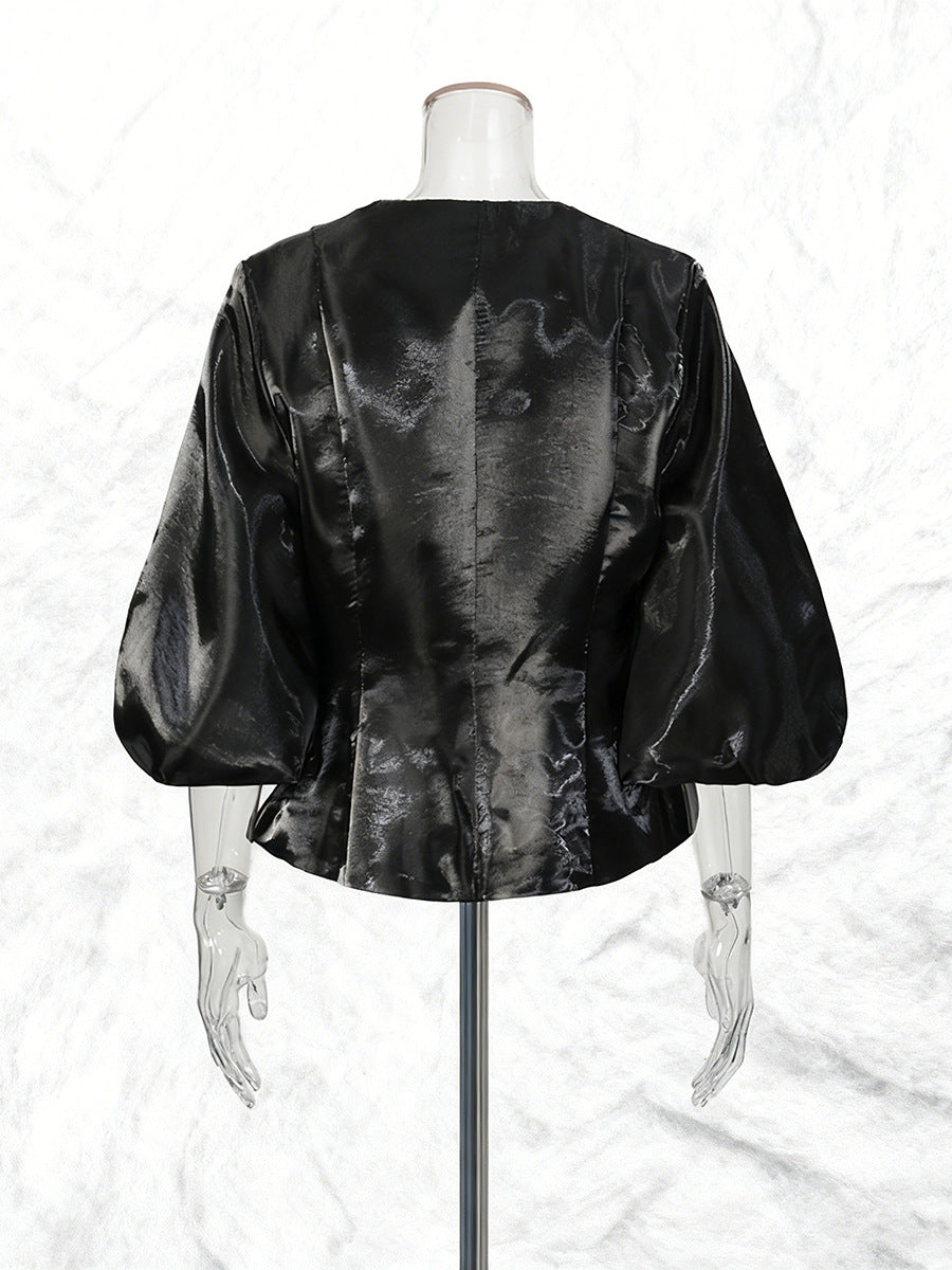 Pearl Button Lantern Sleeve Satin Blouse-Vyana Collective