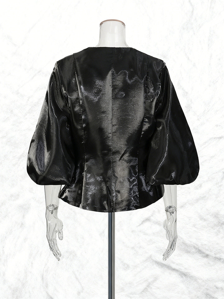 Pearl Button Lantern Sleeve Satin Blouse-Vyana Collective