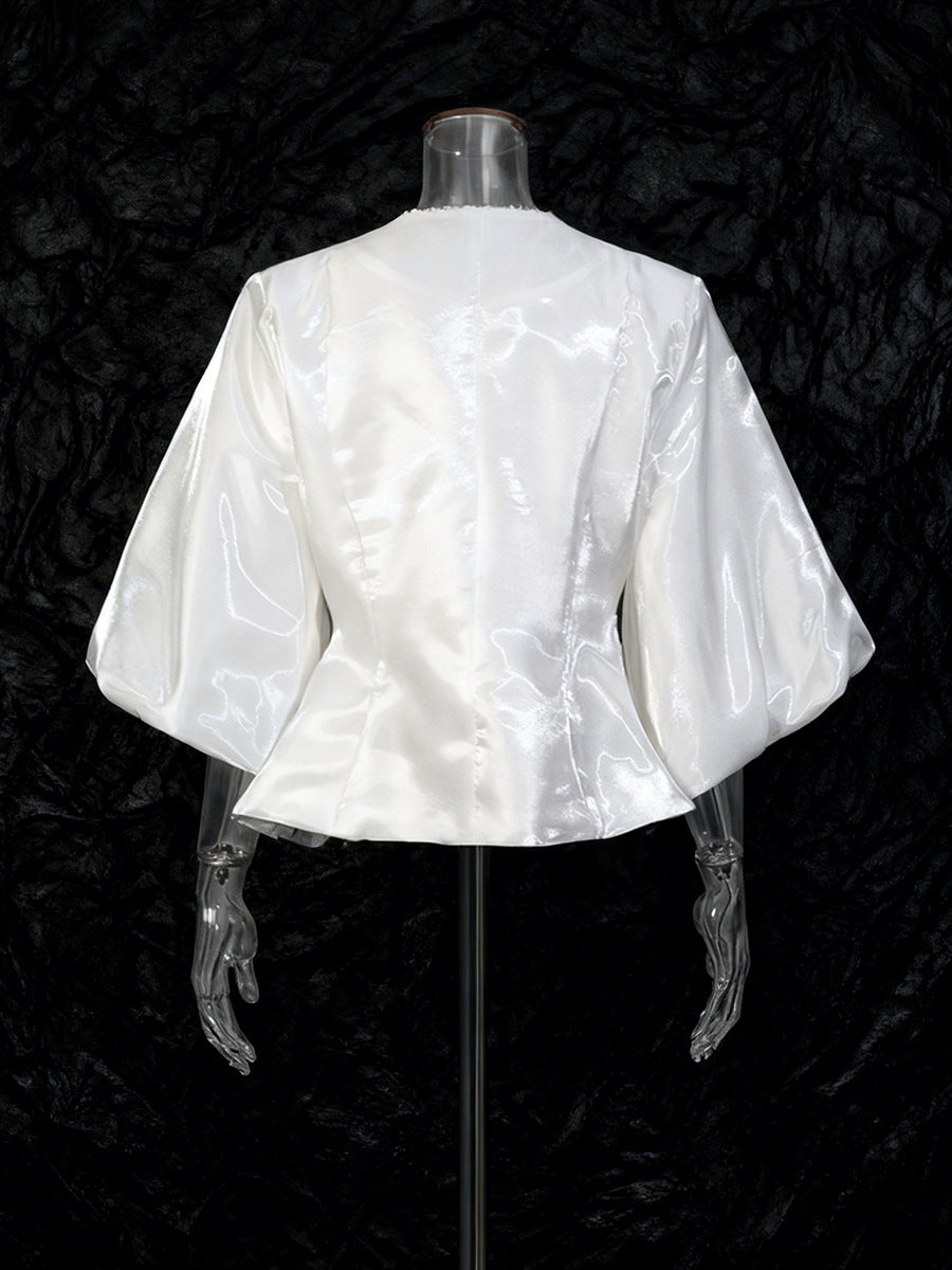Pearl Button Lantern Sleeve Satin Blouse-Vyana Collective