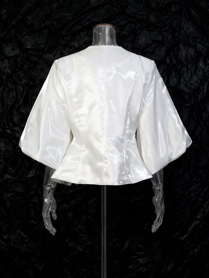 Pearl Button Lantern Sleeve Satin Blouse-Vyana Collective