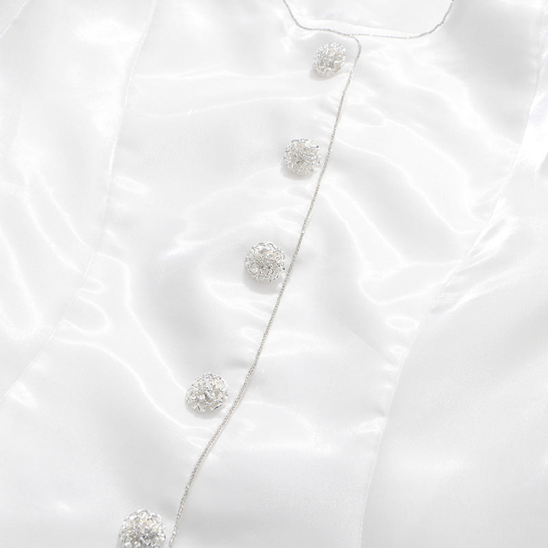 Pearl Button Lantern Sleeve Satin Blouse-Vyana Collective