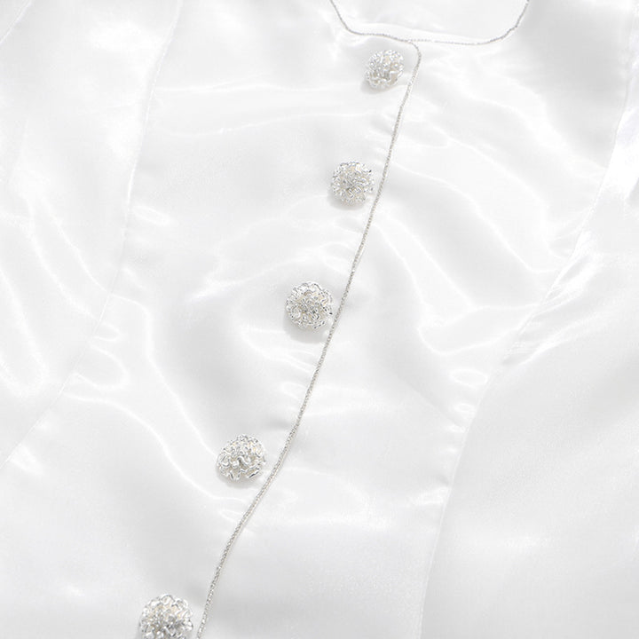 Pearl Button Lantern Sleeve Satin Blouse-Vyana Collective