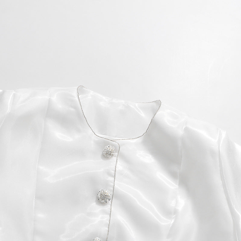 Pearl Button Lantern Sleeve Satin Blouse-Vyana Collective