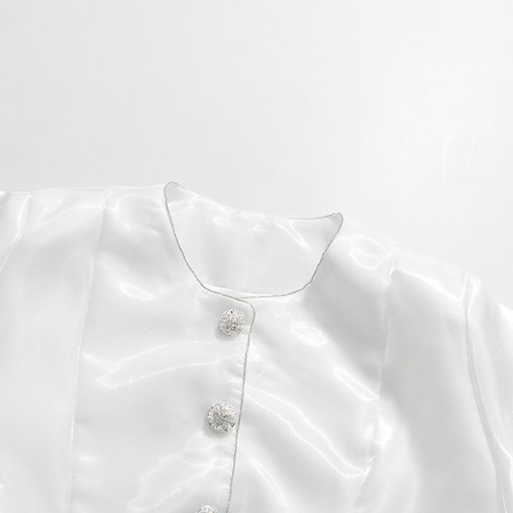 Pearl Button Lantern Sleeve Satin Blouse-Vyana Collective