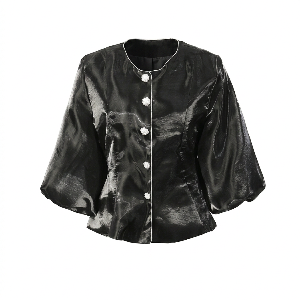 Pearl Button Lantern Sleeve Satin Blouse-Vyana Collective