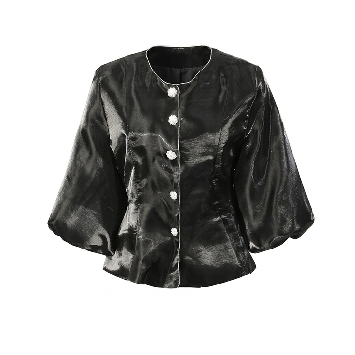 Pearl Button Lantern Sleeve Satin Blouse-Vyana Collective