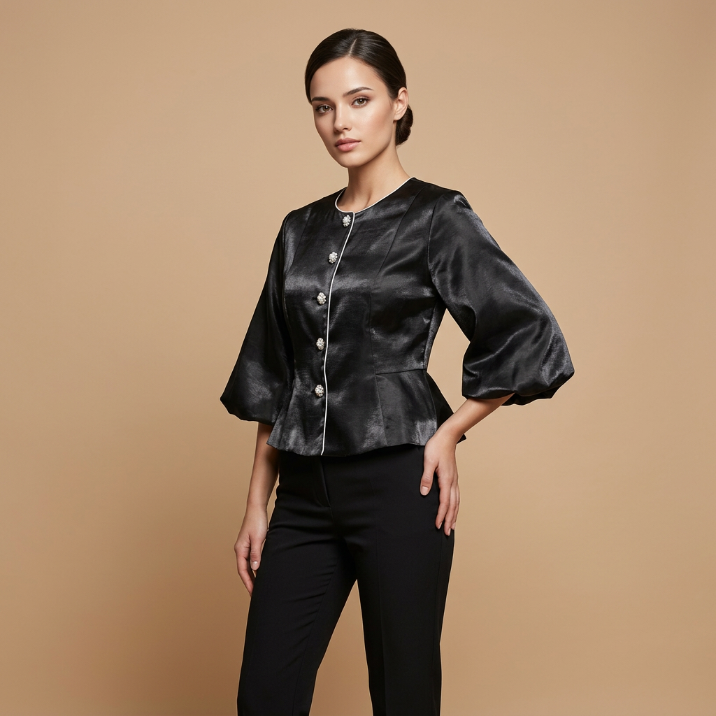 Pearl Button Lantern Sleeve Satin Blouse-Vyana Collective