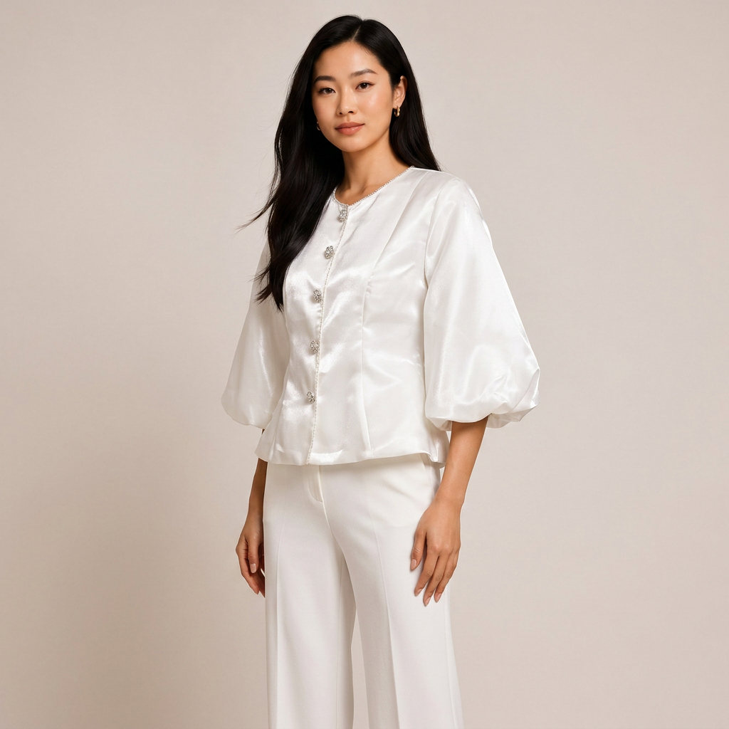 Pearl Button Lantern Sleeve Satin Blouse-Vyana Collective