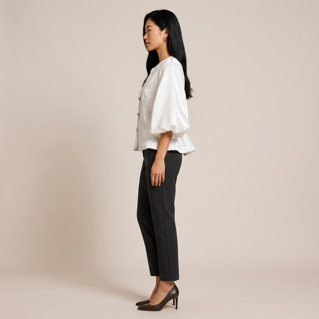 Pearl Button Lantern Sleeve Satin Blouse-Vyana Collective