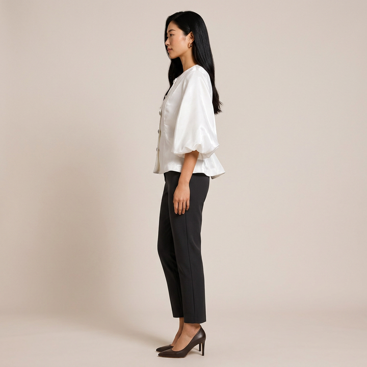Pearl Button Lantern Sleeve Satin Blouse-Vyana Collective