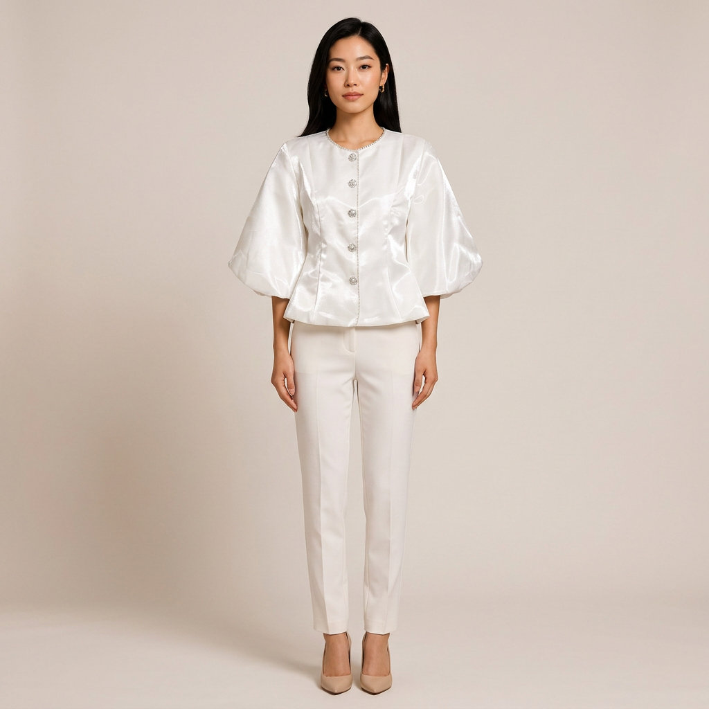 Pearl Button Lantern Sleeve Satin Blouse-Vyana Collective
