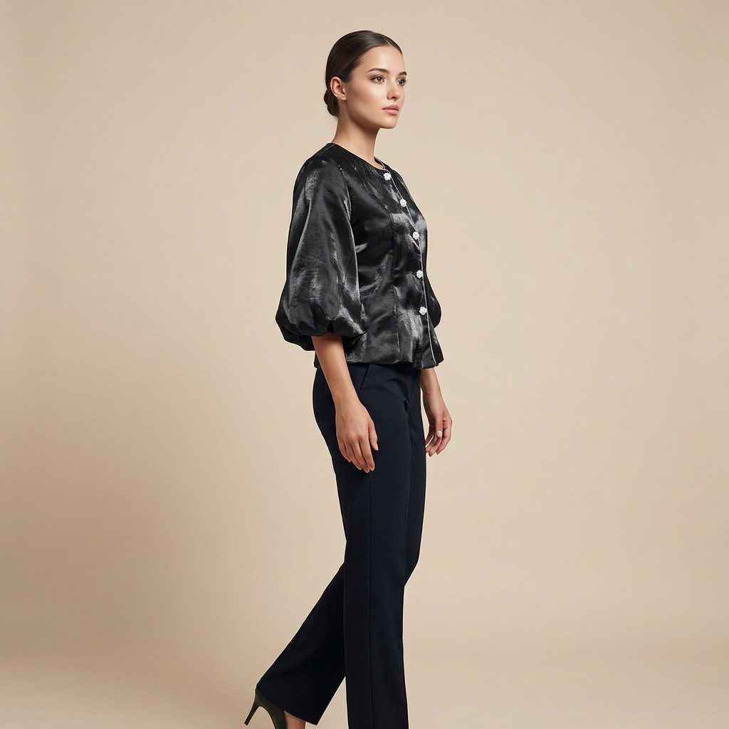 Pearl Button Lantern Sleeve Satin Blouse-Vyana Collective