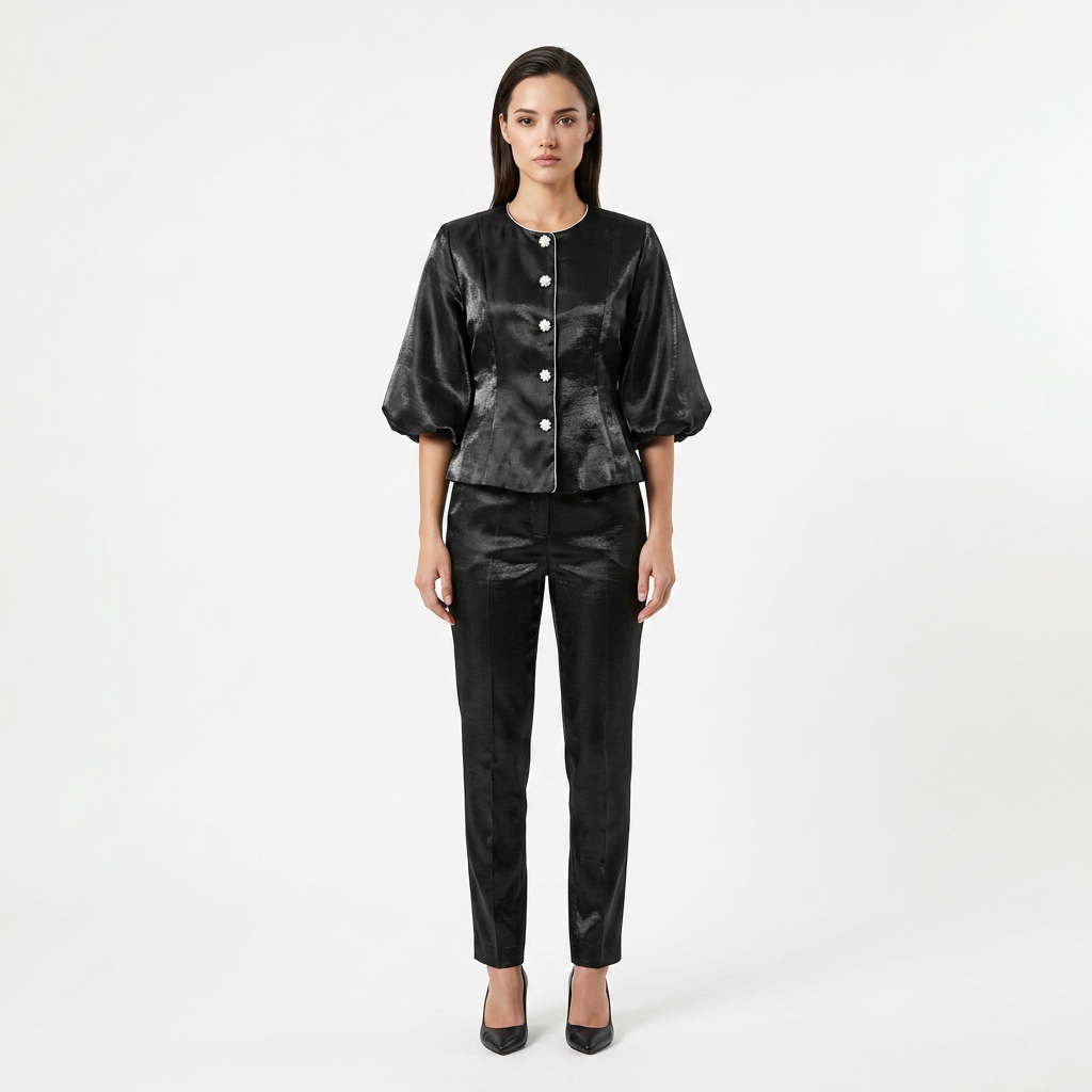 Pearl Button Lantern Sleeve Satin Blouse-Vyana Collective