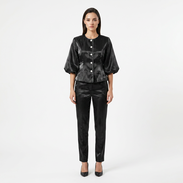 Pearl Button Lantern Sleeve Satin Blouse-Vyana Collective