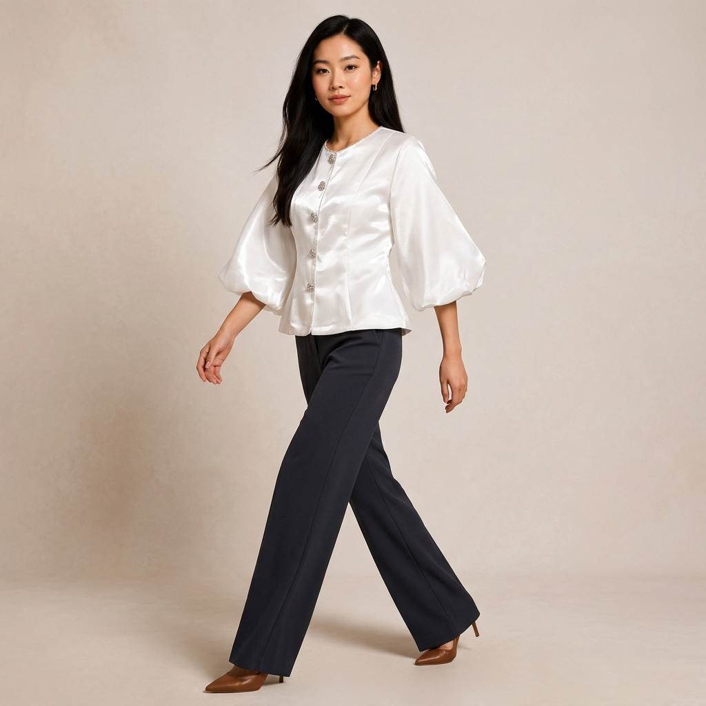 Pearl Button Lantern Sleeve Satin Blouse-Vyana Collective