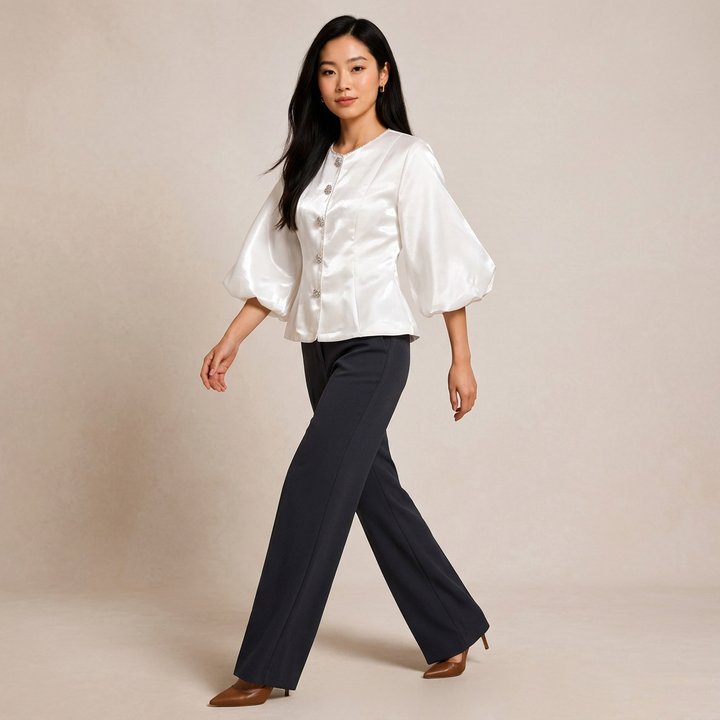 Pearl Button Lantern Sleeve Satin Blouse-Vyana Collective