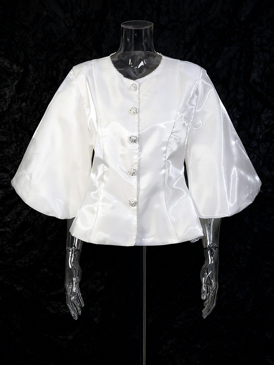 Pearl Button Lantern Sleeve Satin Blouse-Vyana Collective