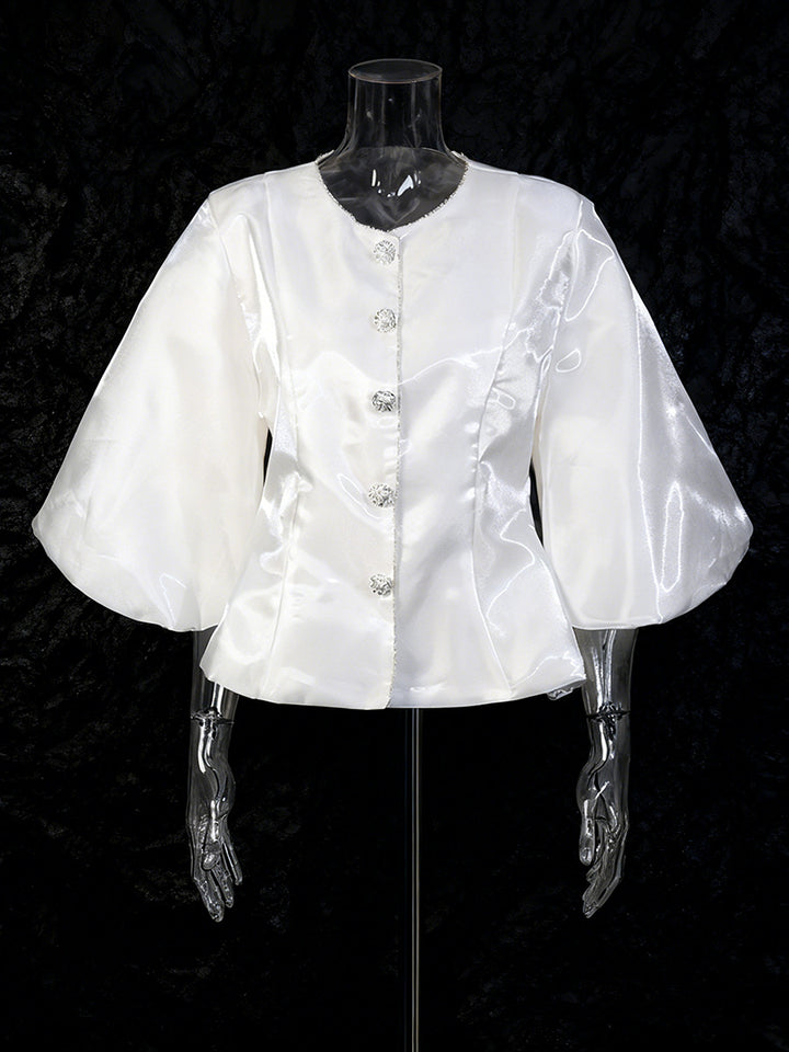 Pearl Button Lantern Sleeve Satin Blouse-Vyana Collective