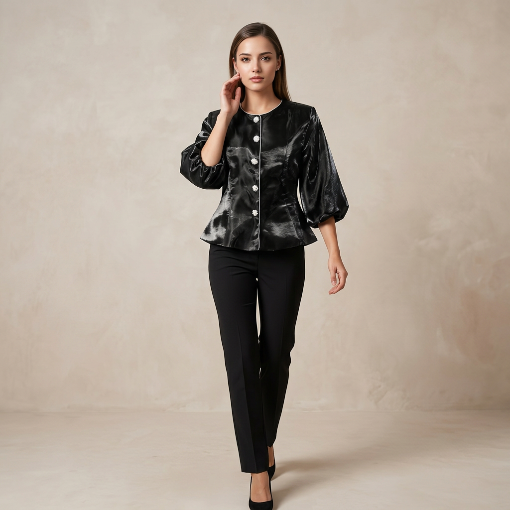 Pearl Button Lantern Sleeve Satin Blouse-Vyana Collective