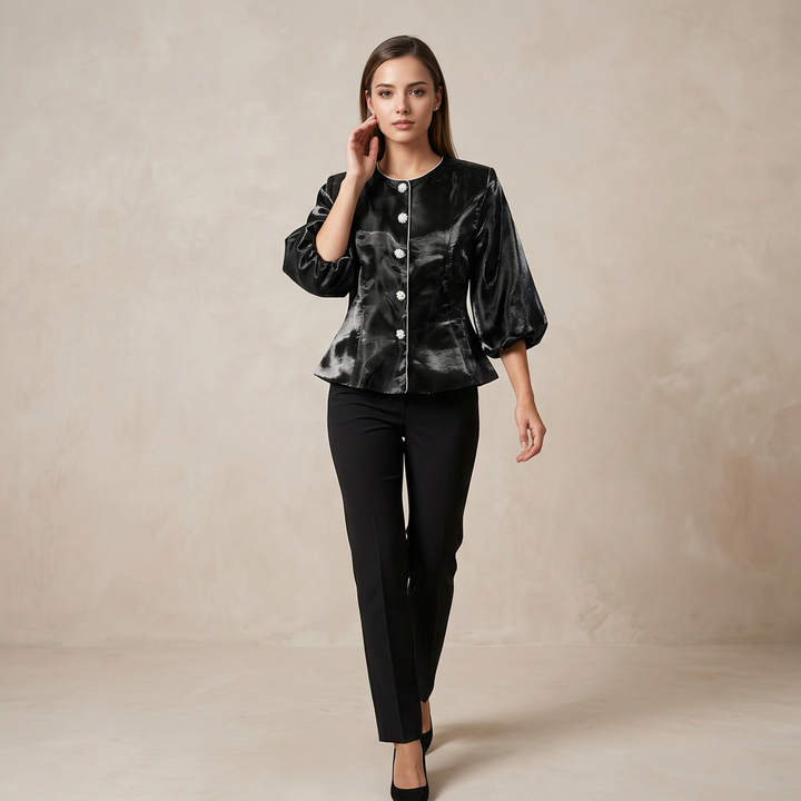 Pearl Button Lantern Sleeve Satin Blouse-Vyana Collective