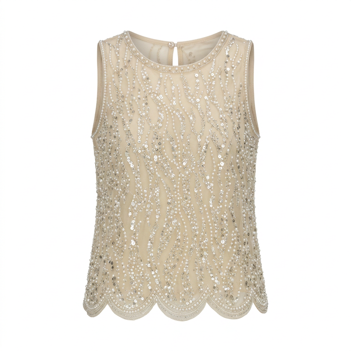 Pearl &amp; Sequin Embellished Sleeveless Shell Top-Vyana Collective