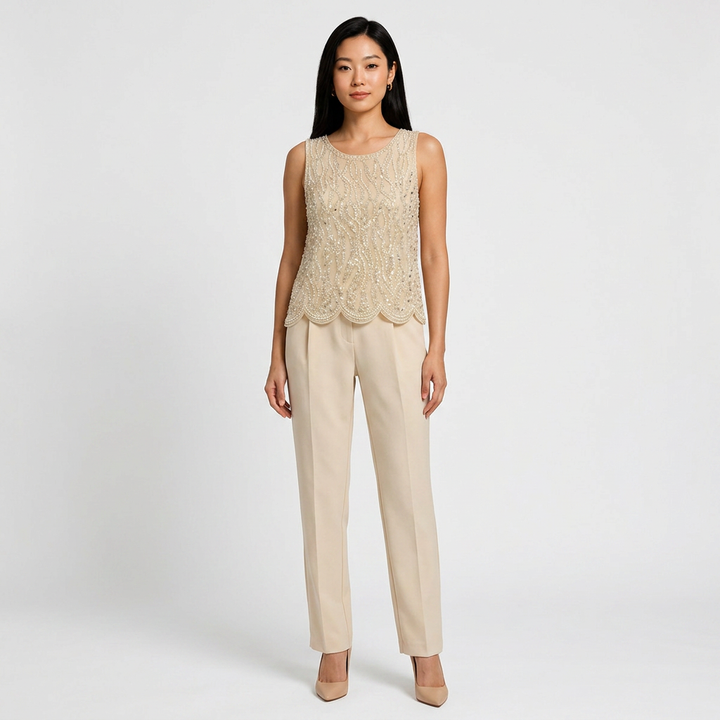 Pearl &amp; Sequin Embellished Sleeveless Shell Top-Vyana Collective