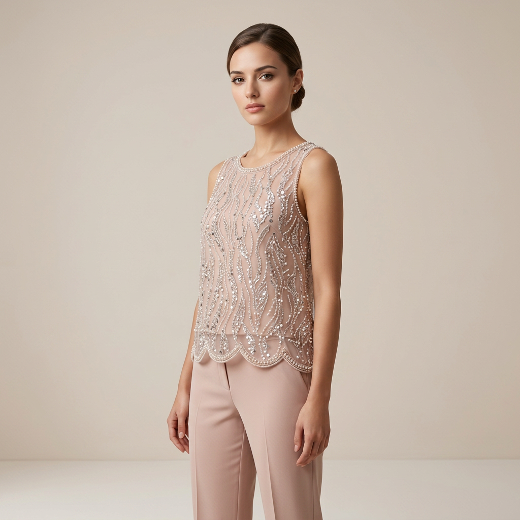 Pearl &amp; Sequin Embellished Sleeveless Shell Top-Vyana Collective
