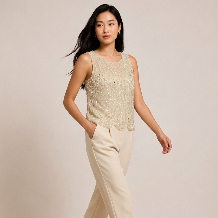 Pearl &amp; Sequin Embellished Sleeveless Shell Top-Vyana Collective