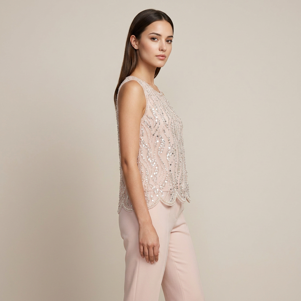 Pearl &amp; Sequin Embellished Sleeveless Shell Top-Vyana Collective