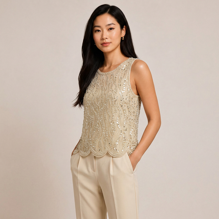 Pearl &amp; Sequin Embellished Sleeveless Shell Top-Vyana Collective