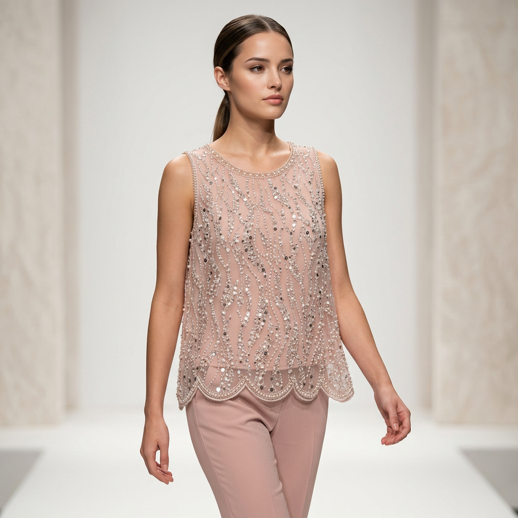 Pearl &amp; Sequin Embellished Sleeveless Shell Top-Vyana Collective