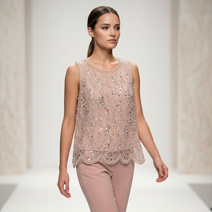 Pearl &amp; Sequin Embellished Sleeveless Shell Top-Vyana Collective