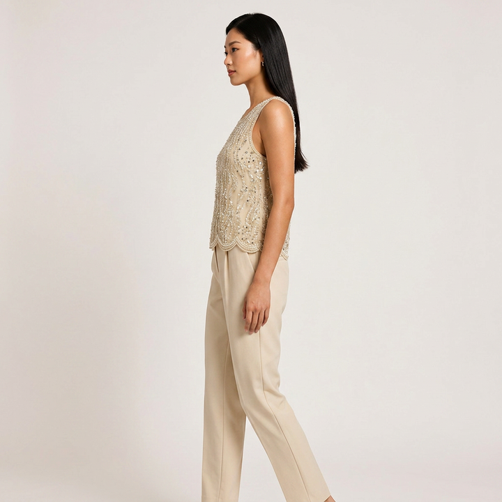 Pearl &amp; Sequin Embellished Sleeveless Shell Top-Vyana Collective