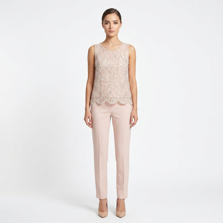 Pearl &amp; Sequin Embellished Sleeveless Shell Top-Vyana Collective