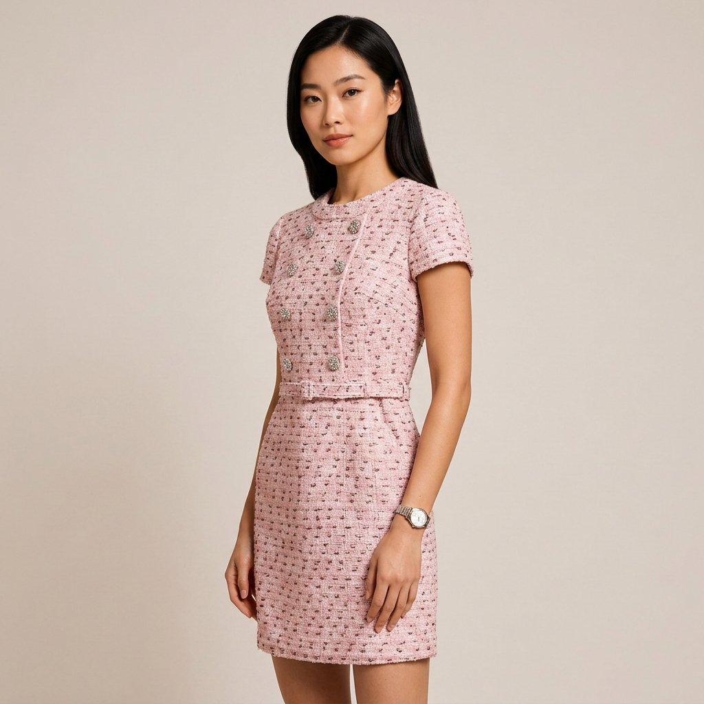 Pink Pearl-Trim Tweed Belted Mini Dress-Vyana Collective