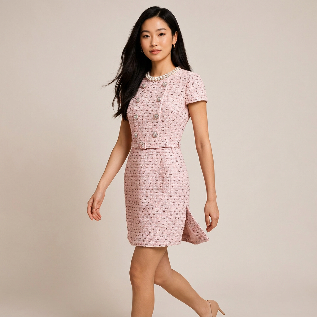 Pink Pearl-Trim Tweed Belted Mini Dress-Vyana Collective