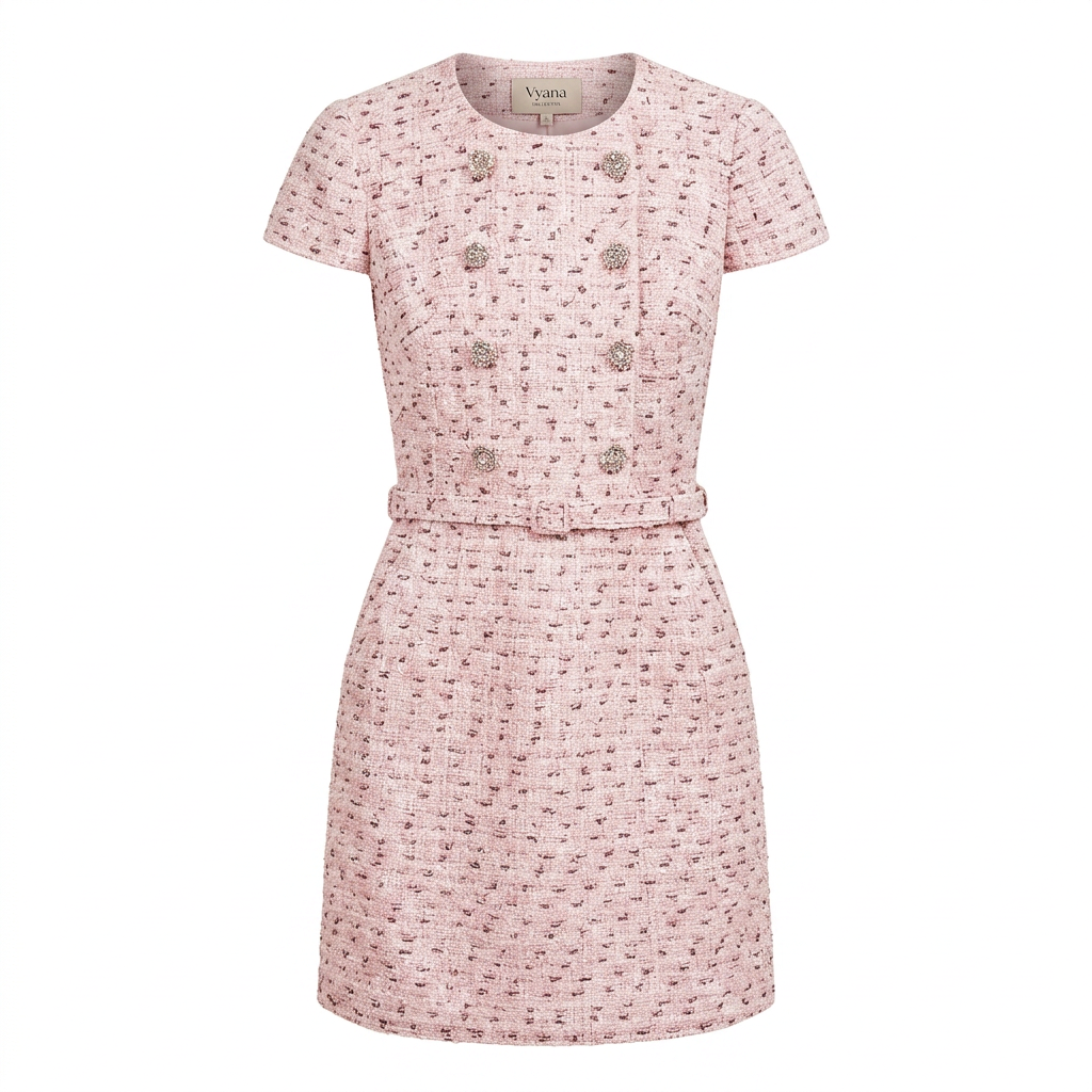 Pink Pearl-Trim Tweed Belted Mini Dress-Vyana Collective