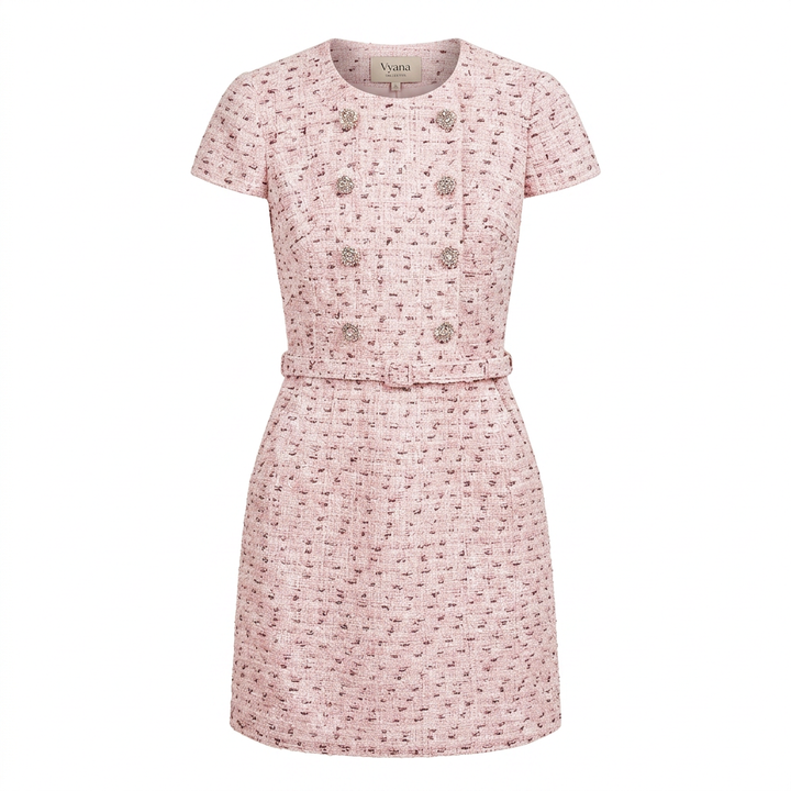 Pink Pearl-Trim Tweed Belted Mini Dress-Vyana Collective