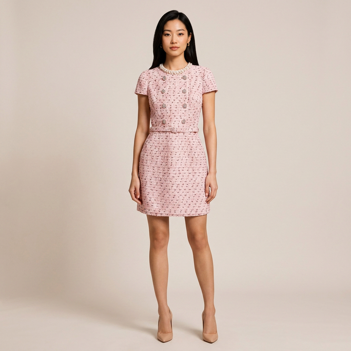 Pink Pearl-Trim Tweed Belted Mini Dress-Vyana Collective
