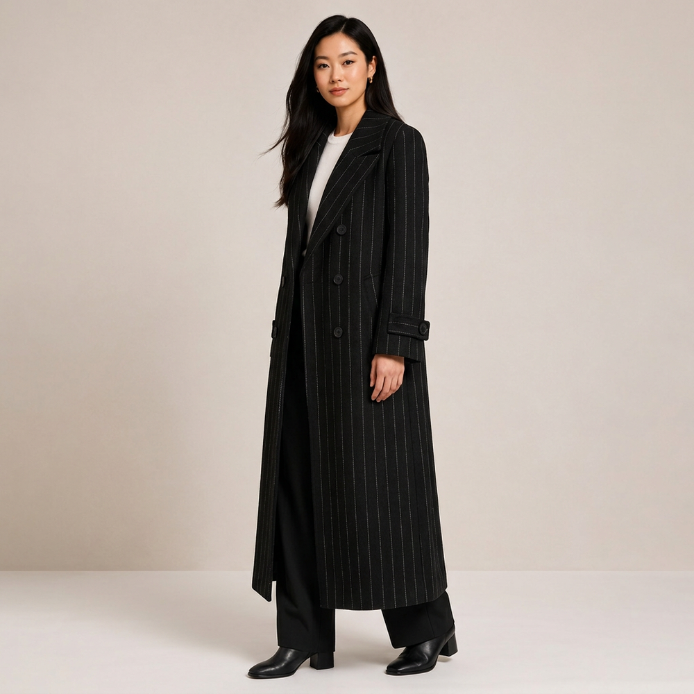 Pinstripe Oversized Double-Breasted Long Wool-Blend Coat-Vyana Collective