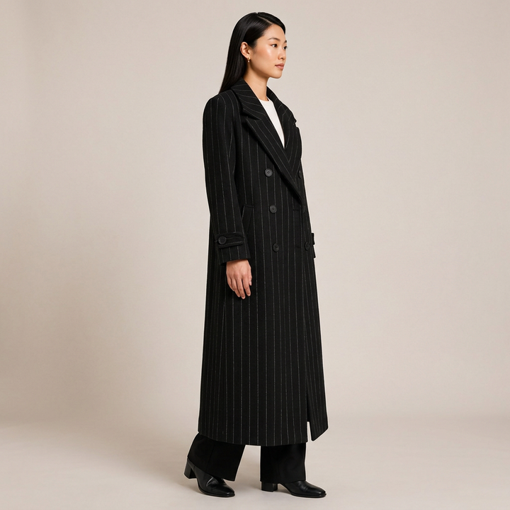 Pinstripe Oversized Double-Breasted Long Wool-Blend Coat-Vyana Collective