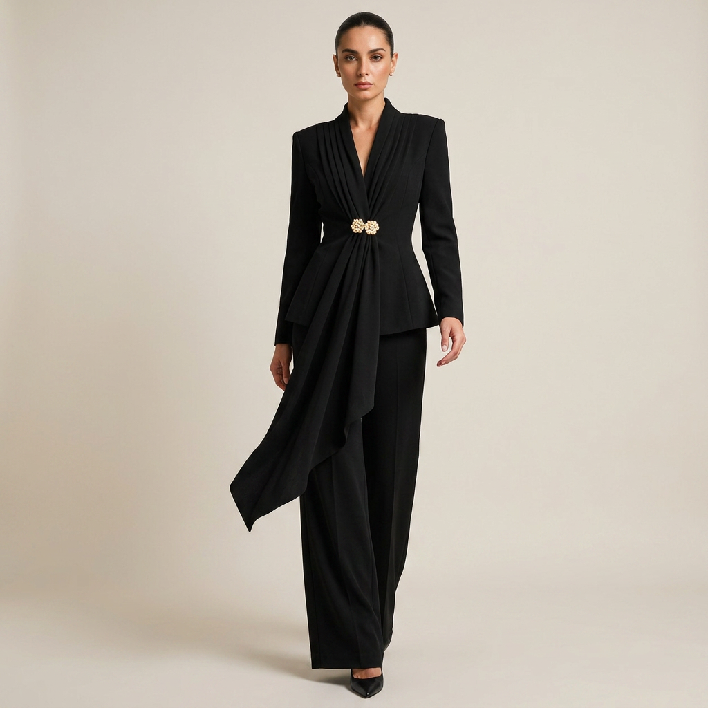 Pleated Draped Blazer and Wide Leg Pants Set for Meetings Ready Women-Vyana Collective
